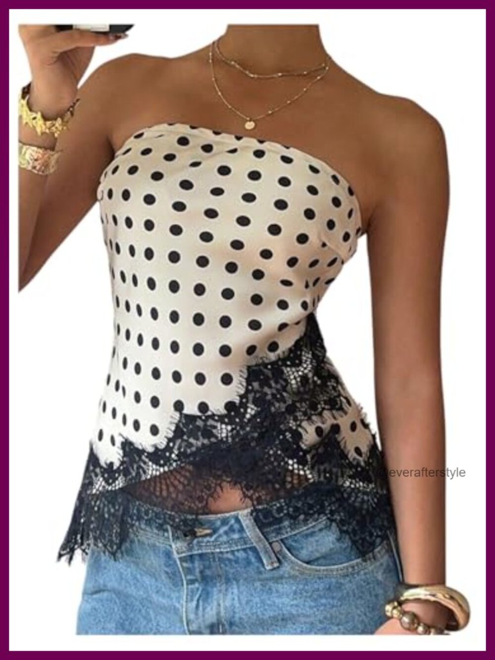 Satin Strapless Polka Dot Lace Trim Asymmetrical Tube Top Blouse